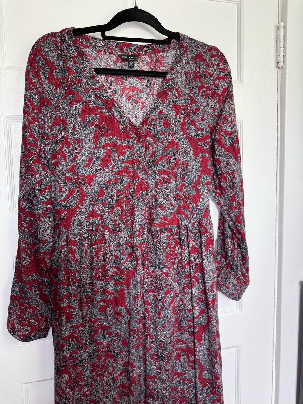 Lucky Brand Red & Grey Paisley Boho-Chic V-Neck Long-Sleeve Maxi Dress 70’s L - Picture 3 of 16